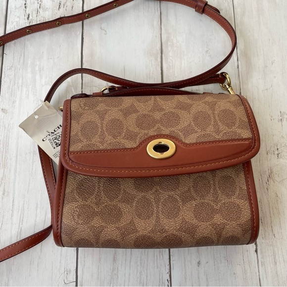 NWT COACH Coated Canvas Kip Turnlock Crossbody B4/Tan Rust 7”x5.25”x4” AS IS - Picture 9 of 12